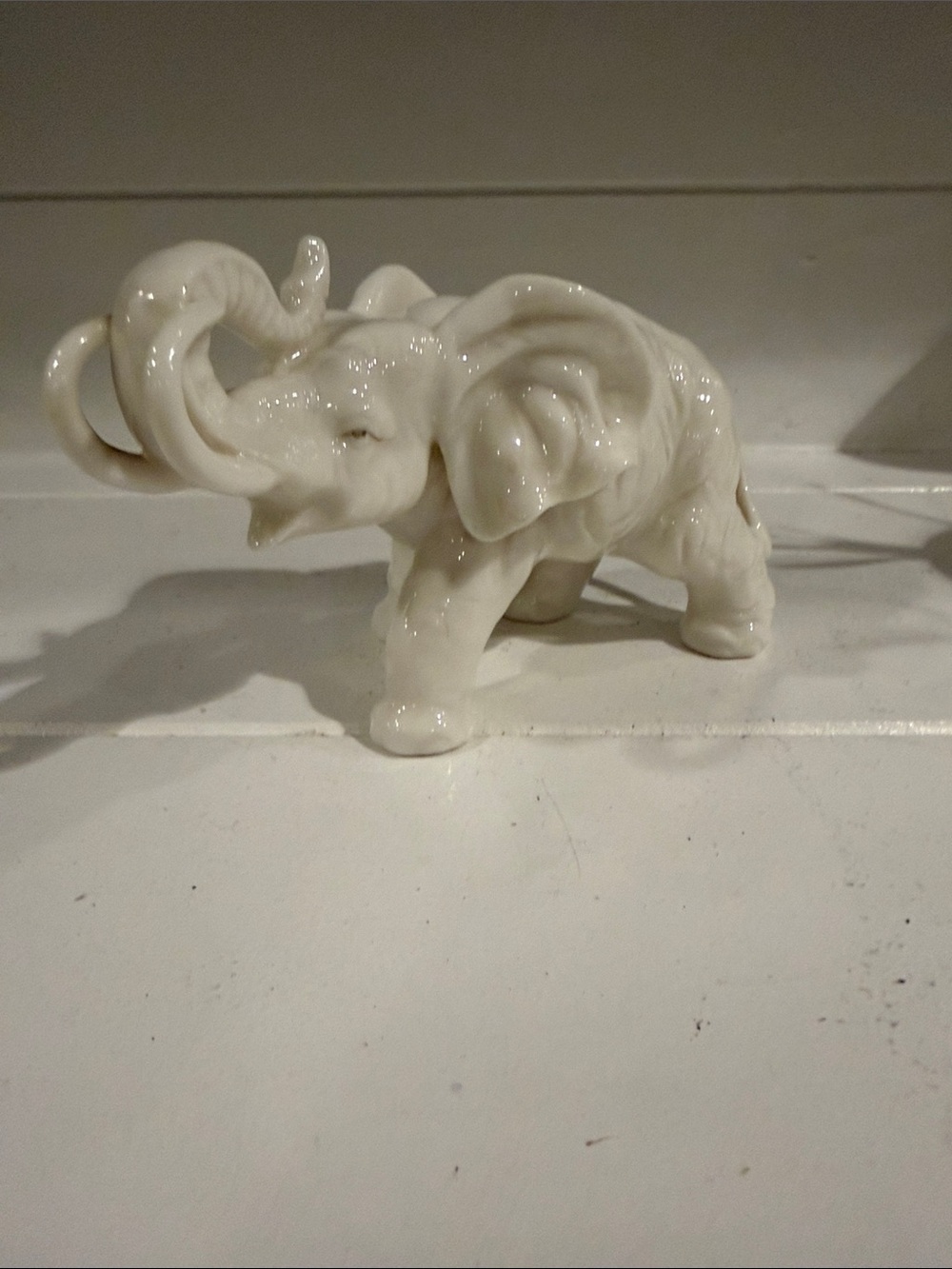 Vintage Glossy White Ceramic Elephant Sculpture - Decorative Accent
